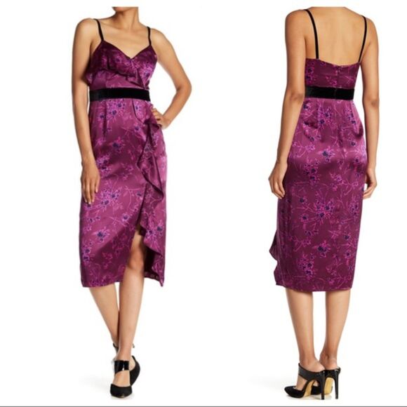 EUC Cinq A Sept 100% Silk Lara Fuchsia Purple Floral Ruffle Midi Dress Size‎ 4 - Picture 1 of 14